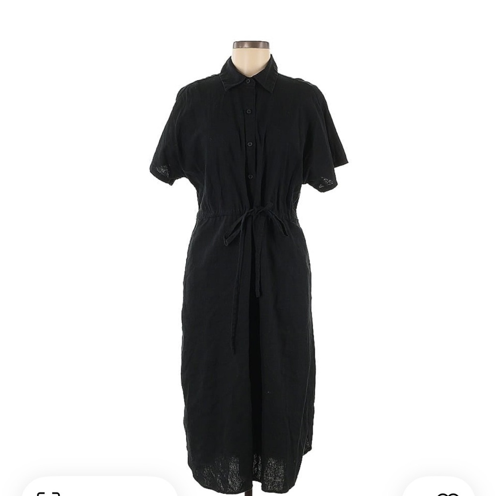 Black Linen Blend Short Sleeve Button Front Tie Waist Pockets Dress M